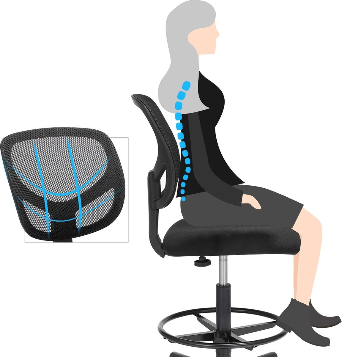 Desk chair, ergonomic task stool, seat height 51.5-71.5 cm, tall drafting chair with adjustable footrest, load capacity 120 kg, black OBN15BK