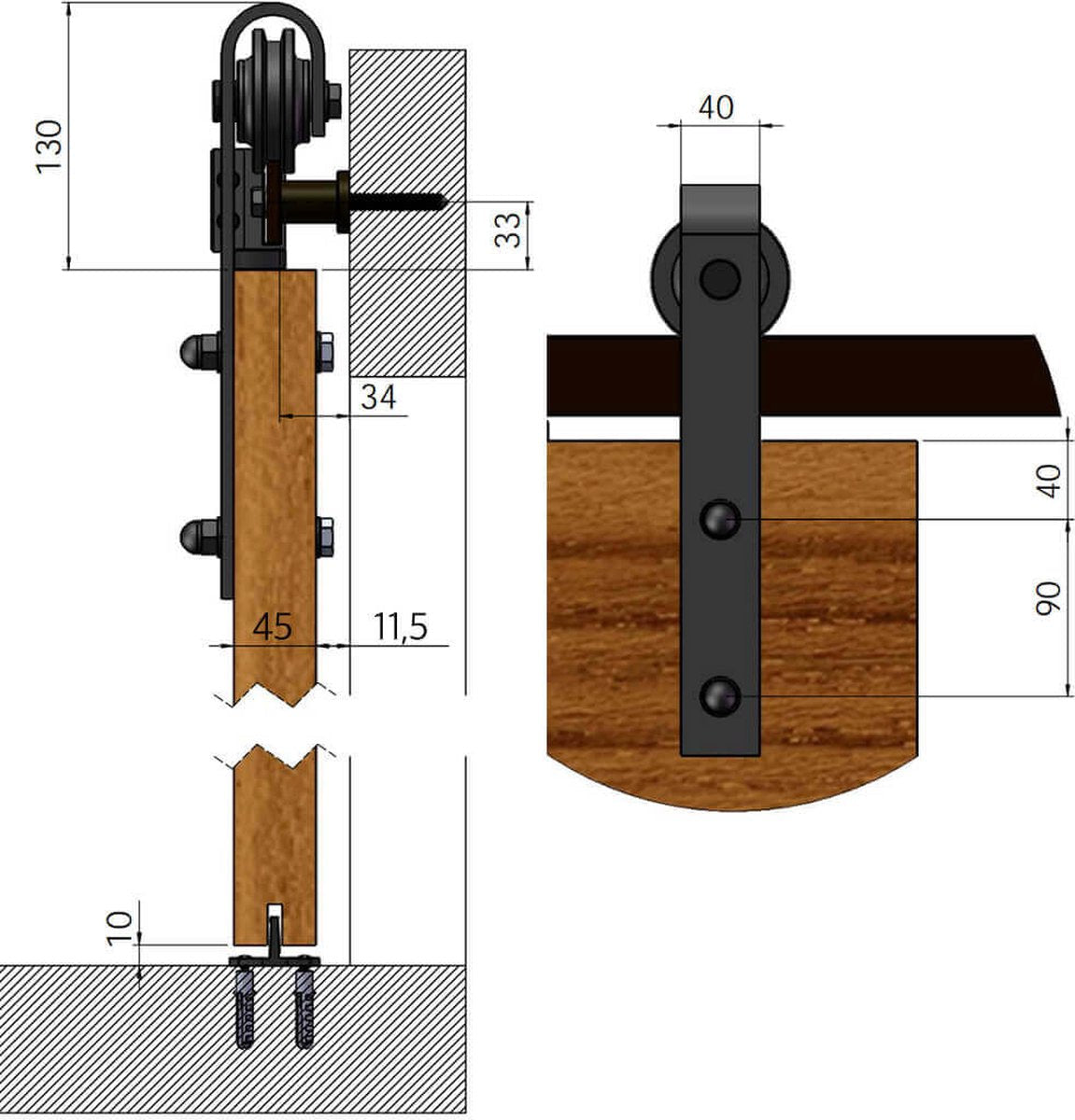 Barnwoodweb Schuifdeursysteem Recht - Complete set - 245 cm rail (in 3 delen) - Zwart