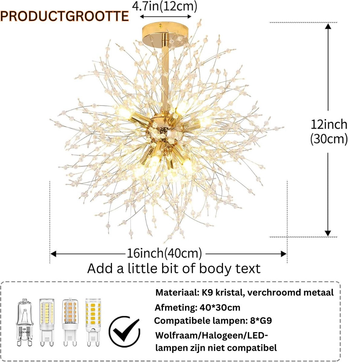 Kristallen Kroonluchter - Goud Kristal Moderne Kroonluchter 8*G9 Led Plafondlamp Vuurwerk Vorm, Verchroomde Hanglamp voor Slaapkamer, Woonkamer, Gang (exclusief lampen)