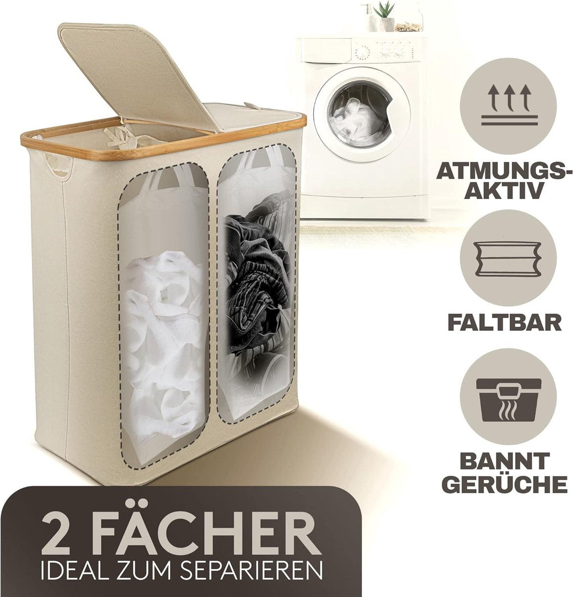 Lichte wasmand 2 vakken met deksel 150 liter bamboestof groot XXL sorteersysteem wasverzamelaar - beige - Celeko