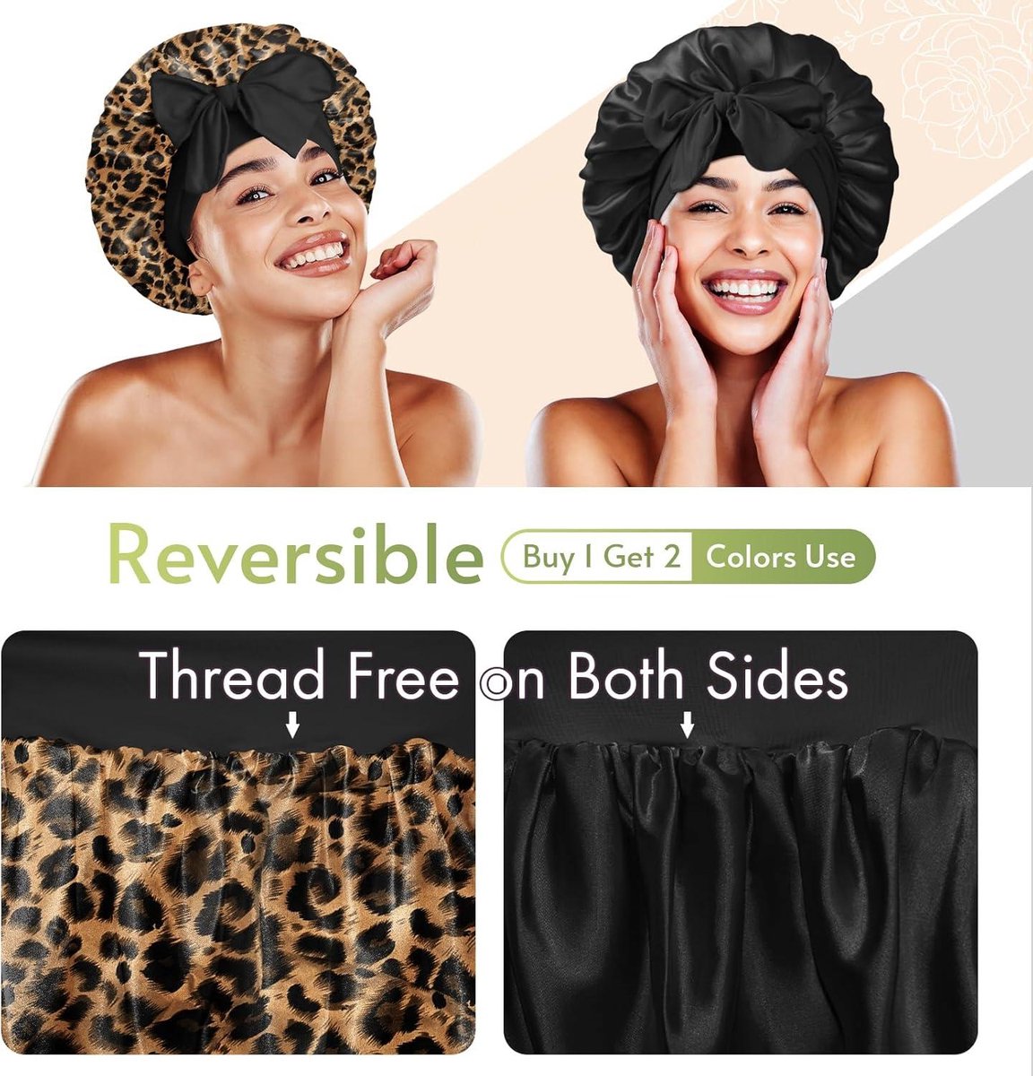 Silk Reversible Sleep Cap - Double-Sided Cap for Curly Hair - Elastic Band - Leopard Print