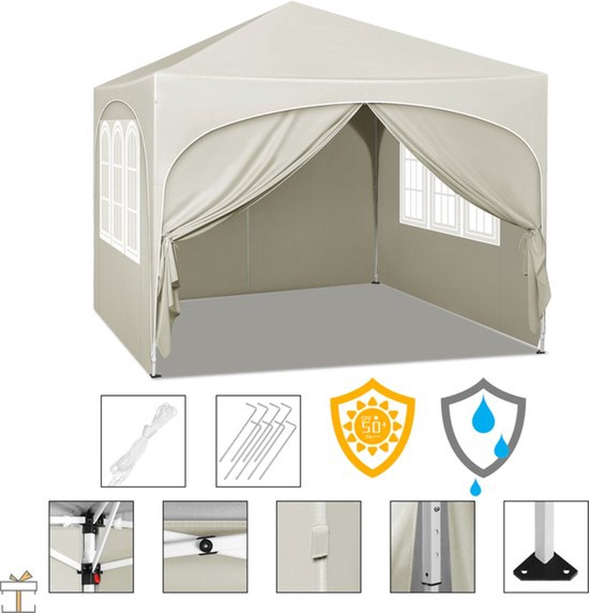 vanBoni - Partytenten - Opvouwbare Partytent - Easy Up Partytent met zijwanden - Waterdicht en Weersbestendig - 3x3 m - Beige