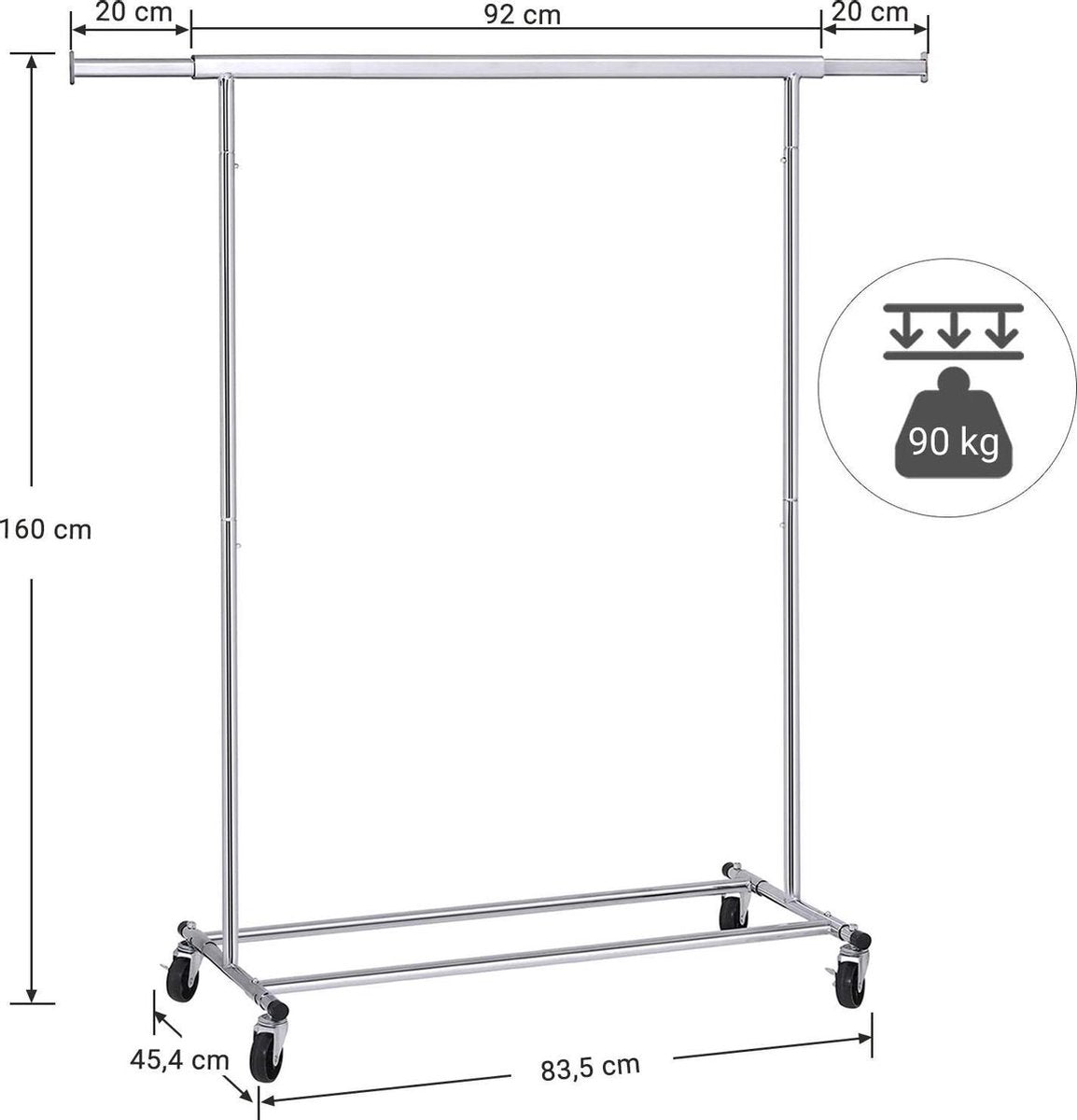 Heavy duty metalen kledingrek, tot 90 kg max. belasting, kledingrek met wielen, inklapbaar, lengte 92-132 cm, verchroomd, industrieel