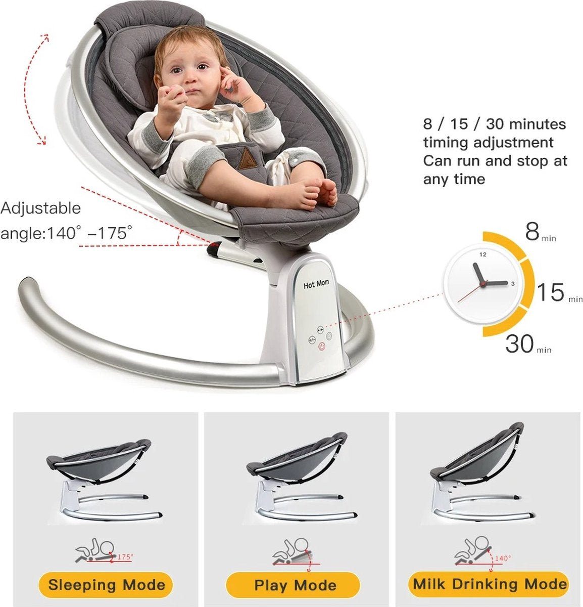 Verkoop Nederland® - Automatic Baby Swing - Electric Baby Cradle - Remote Control Bouncer - Five Modes - Play Music with Bluetooth - Timer - Stylish - 0-1 years