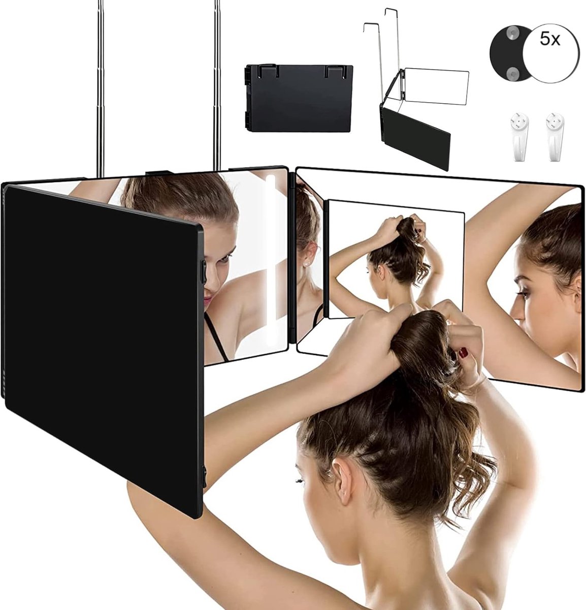 360 graden spiegel, oplaadbare 3-weg LED, in hoogte verstelbaar tot 53 cm, overal op te hangen, draagbare make-upspiegel met verlichting voor haarknippen, scheren, make-up
