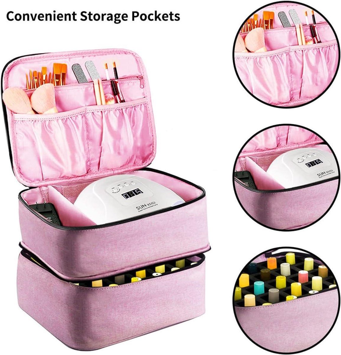 Double Nail Polish Storage Bag - Organizer for 30 Bottles - Portable Nail Polish Carrying Case with UV Lamp - Nail Art Accessories Nail Polish Case