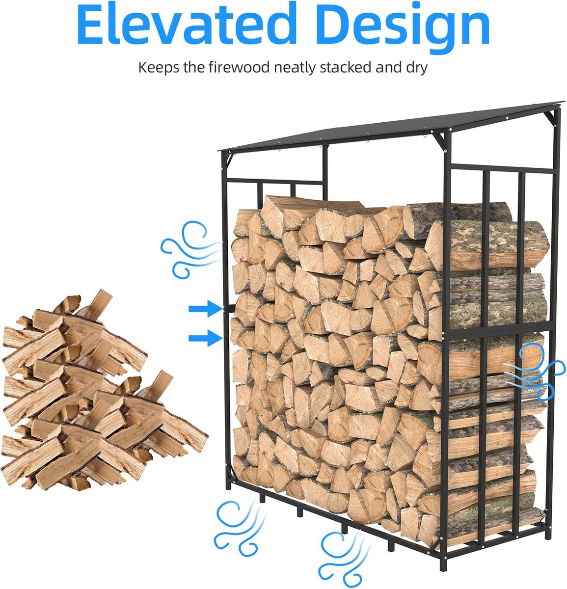 Haardhoutopslag - Houtopslag buiten - Met Dakje - Staal - Zwart - 157x60x177 cm - Max. Gewicht 300kg - Houtopslag - Haardhout Opslag