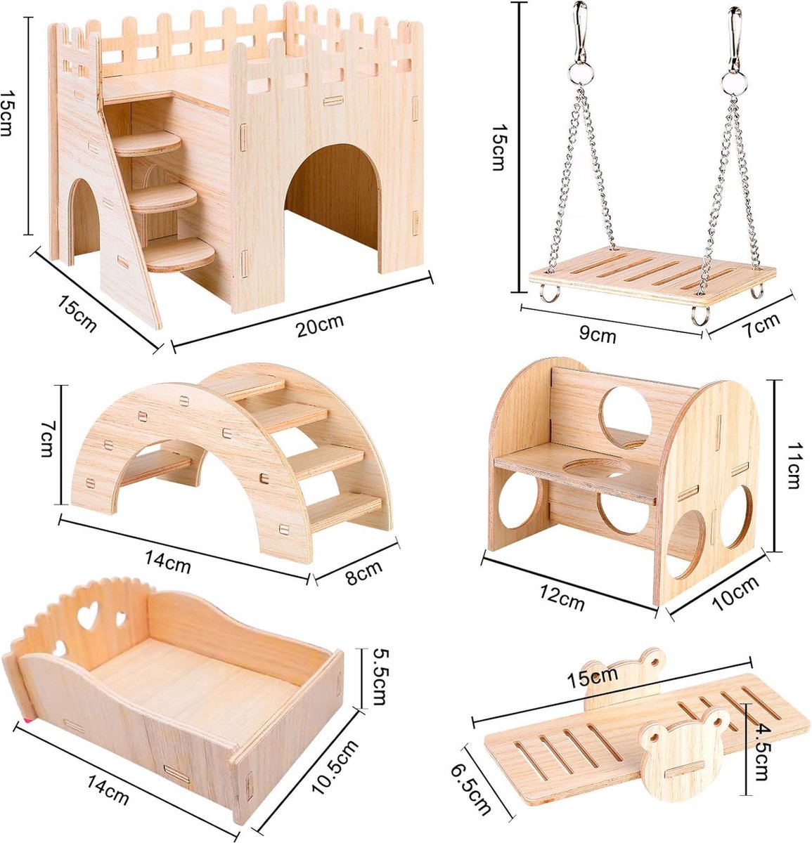 Wooden Hamster Toys, 6 Pcs DIY Hamster Chew Toys, Hamster Hideout House Bridge Seesaw Swing Exercise Toys, Hamster Cage Accessories for Gerbils