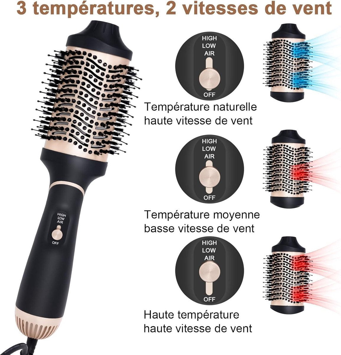 4-in-1 volume-haardroger 1000 W - Verwarmde haarborstel met 3 temperaturen en 2 luchtstromen - Ronde verwarmde borstel voor het drogen, gladmaken, volume en stylen