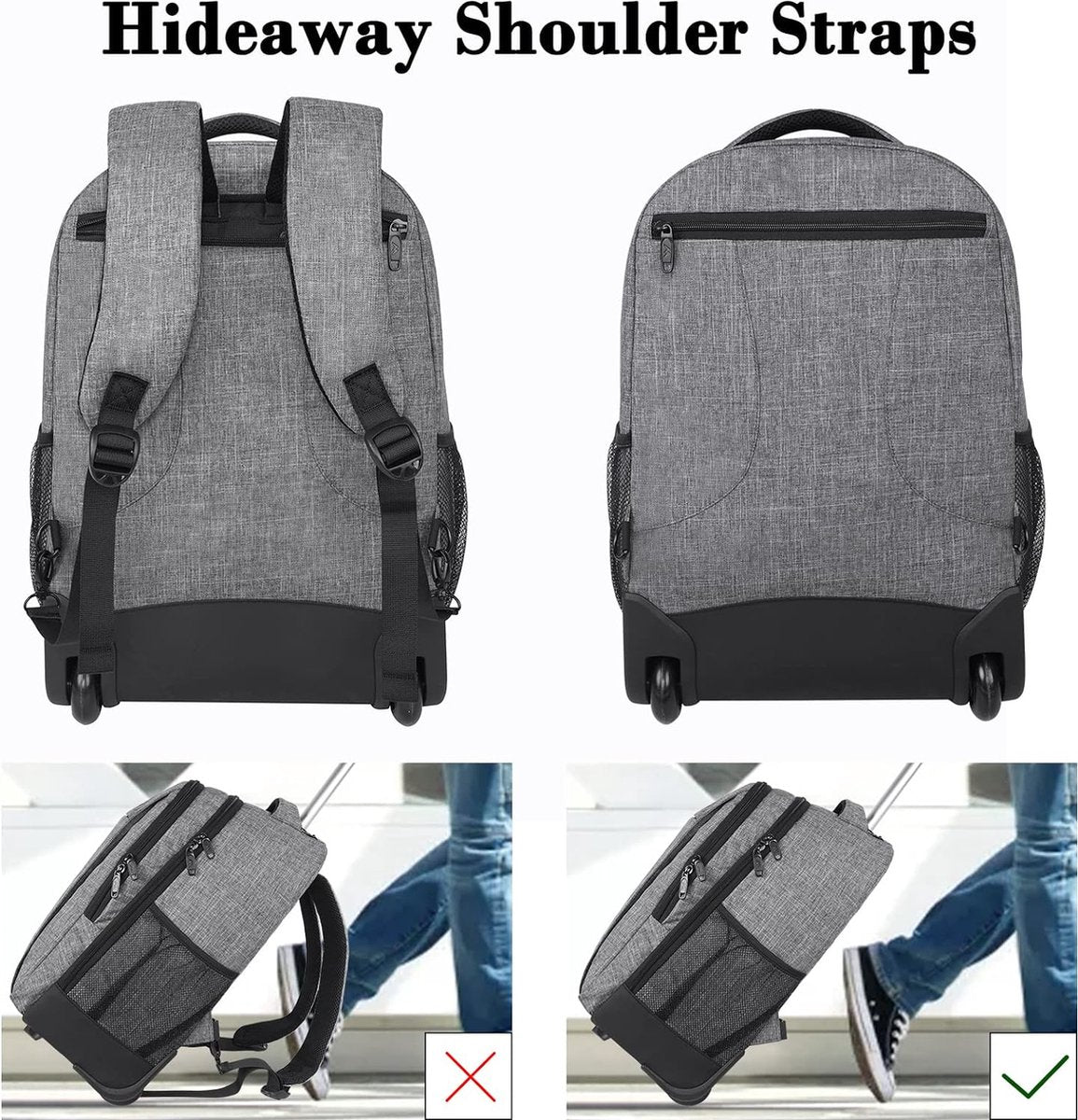 Schoolrugzak met wielen, zakelijke trolley, lichtgewicht handbagage, vliegtuig, reisrugzak, heren, 17 inch, laptoptas, reistas met wielen, dames, schooltrolley, rugzak met wielen, voor werk, universiteit,