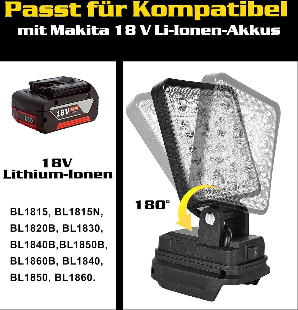 Led-werklamp 18 V Makita - 27 W led-bouwlamp draagbare schijnwerper met accu en USB-oplaadfunctie (2 stuks)