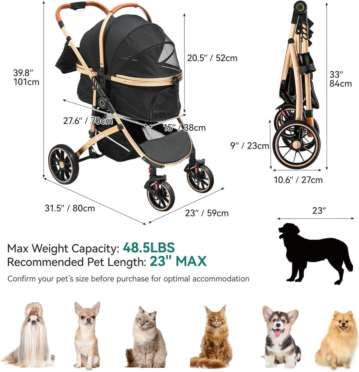 3-in-1 dog buggy up to 20 kg foldable for small dogs and cats - Foldable pram (black)