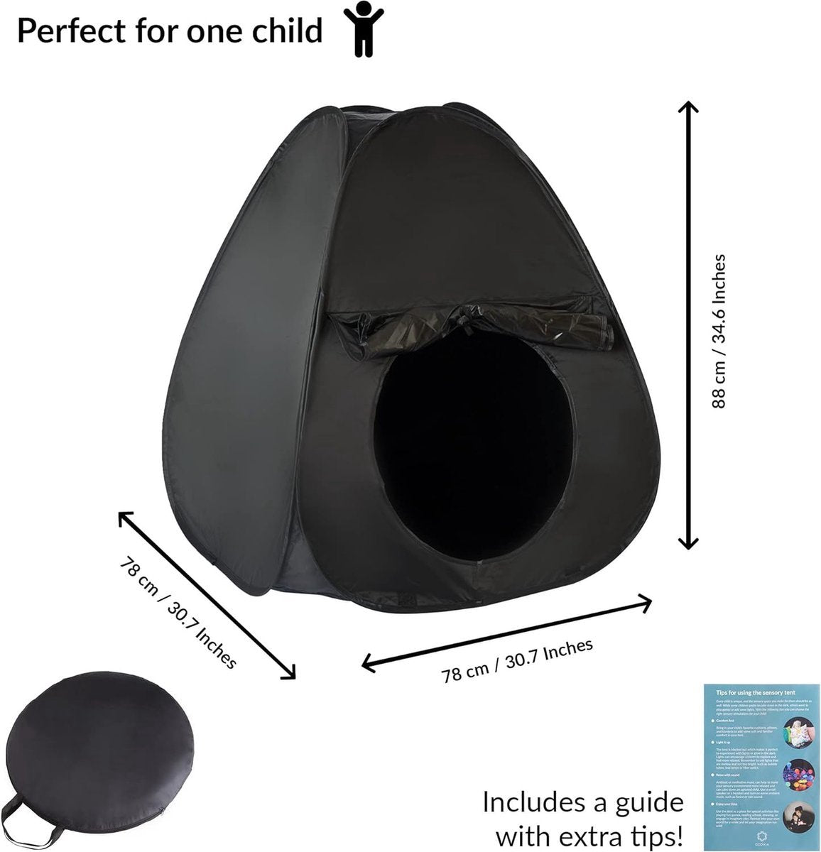 Ultiluxe® Sensory Tent for Young Children - Autism, ADHD, SPD, Anxiety, ADD - Lack of concentration, for calm and relaxation - Black - For home, school - Aid - Children's tent - Tent with storage bag - Quiet space for child