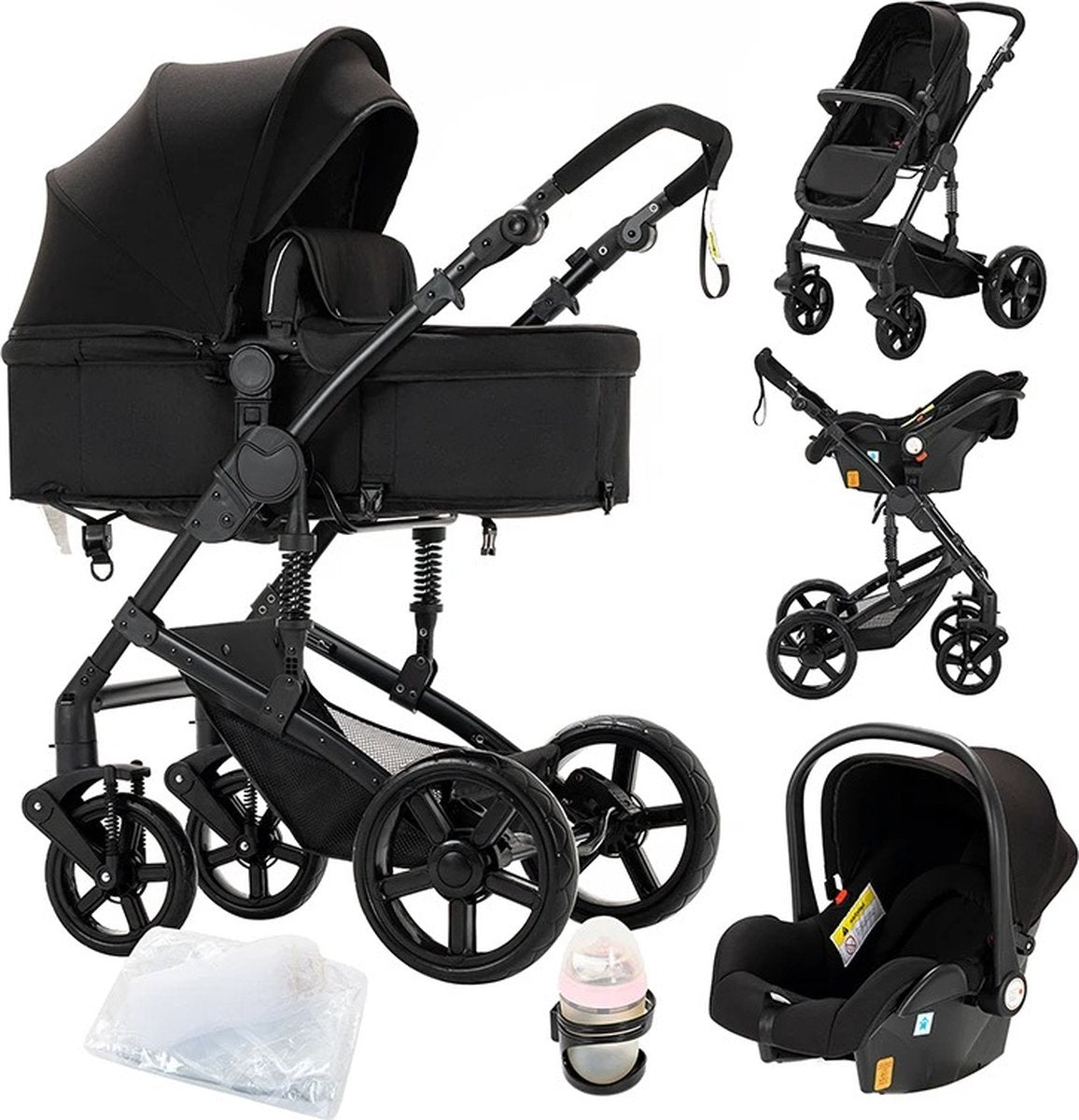 3-in-1 Kinderwagen - Luxe Buggy - Wandelwagen - Babywagen - Inclusief Maxi Cosi - Baby Stroller - Baby Autostoel - Inclusief Accessoires - Zwart - 42x45x103 cm.