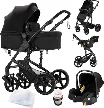 3 In 1 Kinderwagen - Luxe Buggy - Wandelwagen - Babywagen - Inclusief Maxi Cosi - Baby Stroller - Baby Autostoel - Inclusief Accessoires - Zwart - 42x45x103 cm.