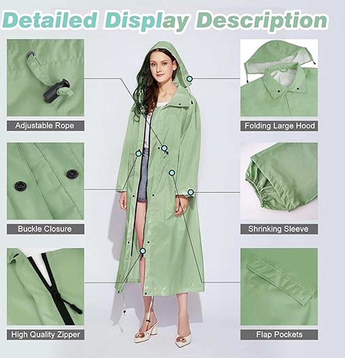Stijlvolle lange regenjas, uniseks, volwassenen, regenponcho met waterdichte zak met klep, capuchon, trekkoord, regenkleding, regencape, regenjas, dames en heren., groen, XXL