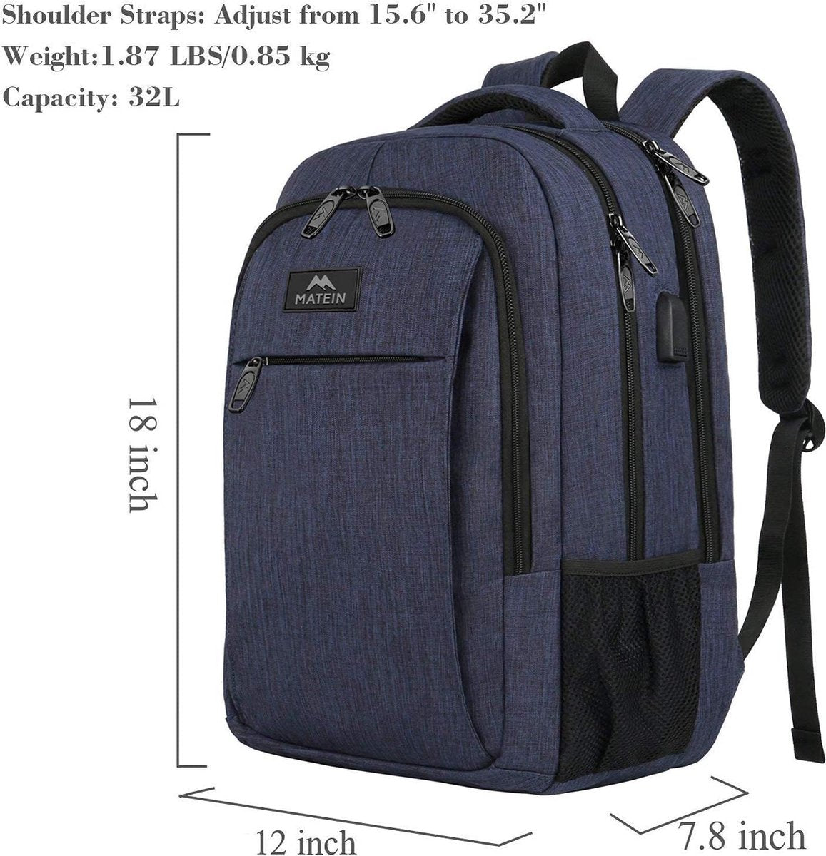 MATEIN Laptoptas voor heren, school, werk, USB-oplaadpoort, multifunctioneel, anti-diefstal, zakelijke reisrugzak, waterdichte schoolrugzak, 15,6 inch laptoprugzak