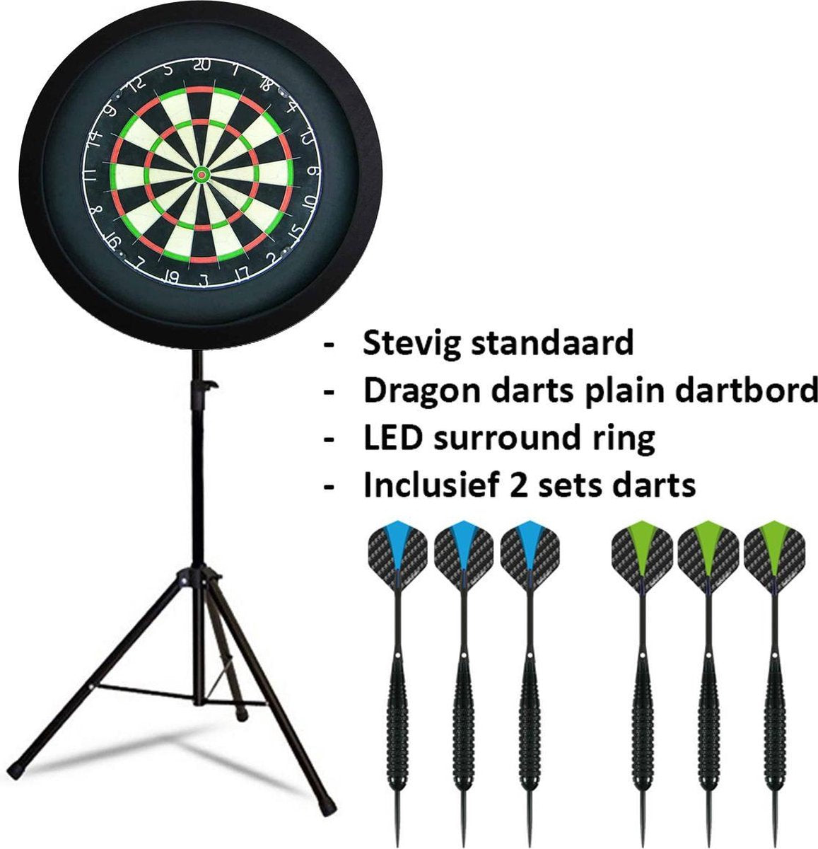Dartset - Draagbare dartbordstandaard LED-pakket plus - inclusief best geteste - dartbord - LED surroundring - en - dartpijlen - zwart