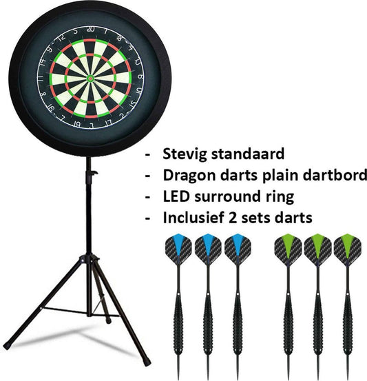 Dartset - Draagbare dartbordstandaard LED-pakket plus - inclusief best geteste - dartbord - LED surroundring - en - dartpijlen - zwart