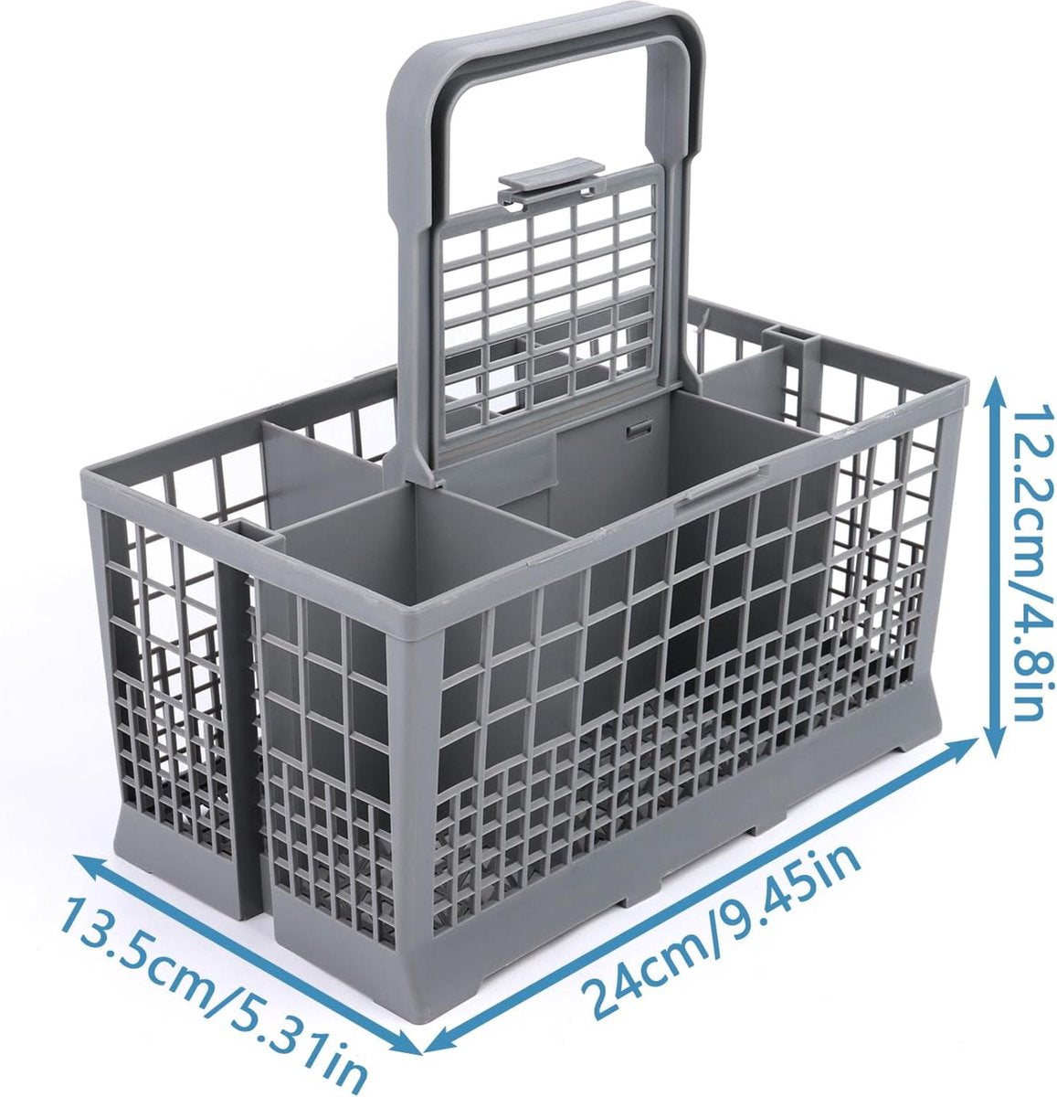 Vaatwasmachinebestekmand, bestekmand voor vaatwasser, bestekmand, stabiele bodem, universeel passend, premium afwasmand met draaggreep voor vele vaatwassers, afneembare handgreep, kunststof, grijs, 24 x 14