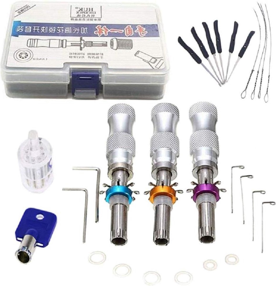 Lockpick set Stainless steel Adjustable Tubular Lock Pick Tool - Clear Tubular Lock with Broken Key Extractor Set - Blue Key Combination Lockpick set