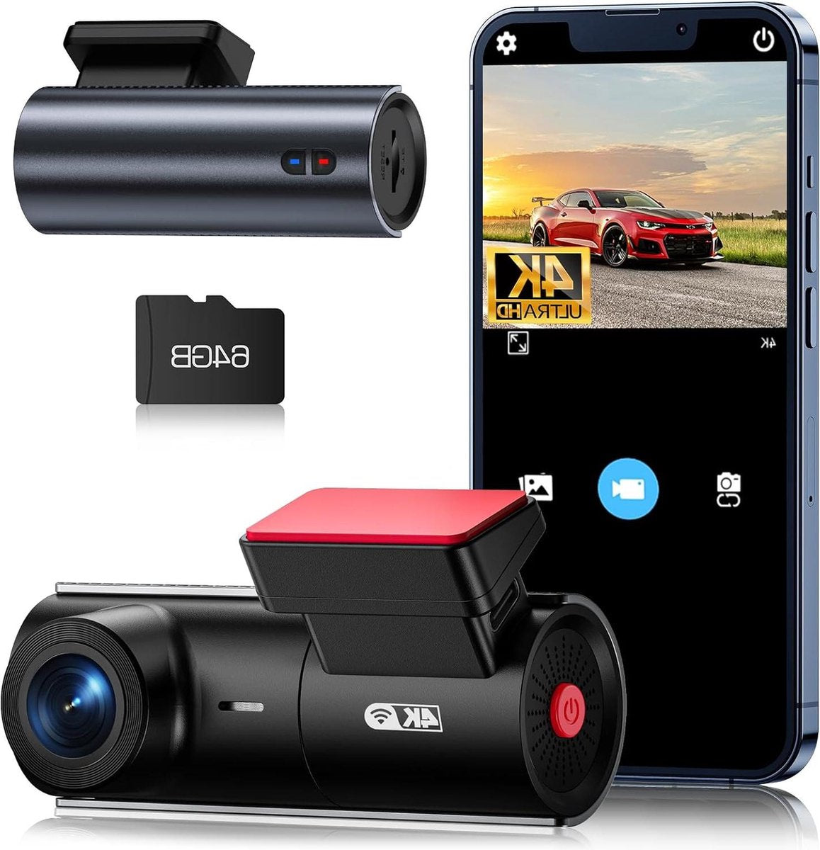 4K Auto Dashcam - Ingebouwde wifi - 2160P Dash Camera - 64 GB SD-kaart - Groothoeklens - App-bediening - Dashboard Camera Recorder - Super Nachtzicht - Parkeerbewaking - G-sensor Dashcam voor auto