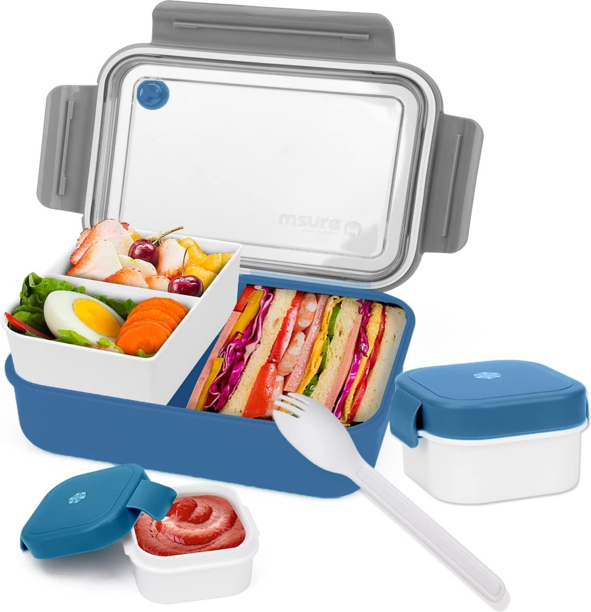 Broodtrommel met vakken, 1500 ml, lunchbox voor volwassenen/kinderen, snackdoos met bestek en klein blikje, lekvrije broodtrommel met onderverdeling, bentobox voor school, werk, picknick, reizen (blauw)