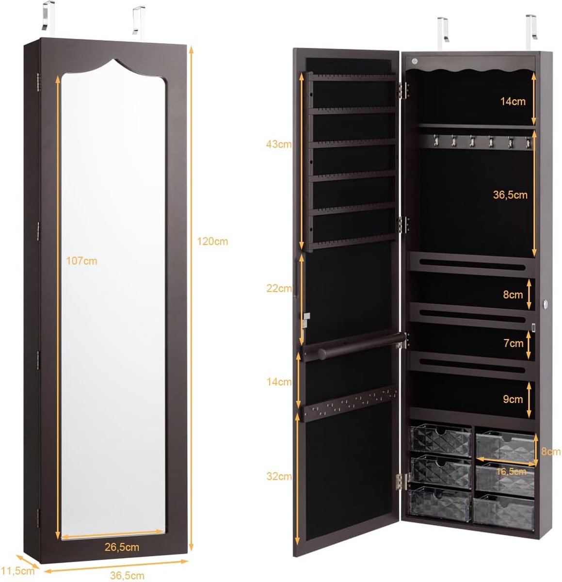 Jewelry Cabinet with 5 LED Lights, Lockable Wall/Door Mounted Jewelry Armoire with Large Mirror and 6 Acrylic Drawers, Large Capacity Jewelry Organizer for Girls, Women (Brown)