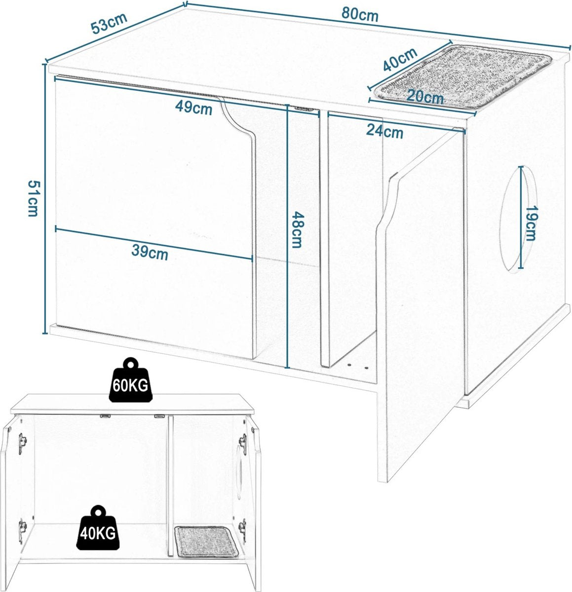 Regia Kattenbak Ombouw - Kattenhuis Kast met Krabmat - Kattenmeubel Verstelbaar - Hout 80x51x53 cm
