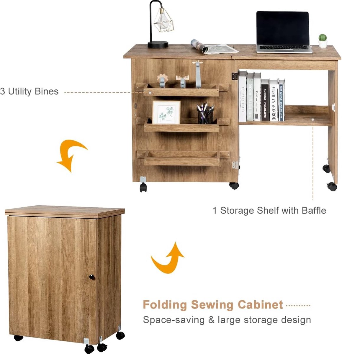 Foldable sewing table, sewing cart with lockable wheels and storage shelves, foldable sewing table for apartment, small spaces, 117 x 78 x 40 cm (Wood color)