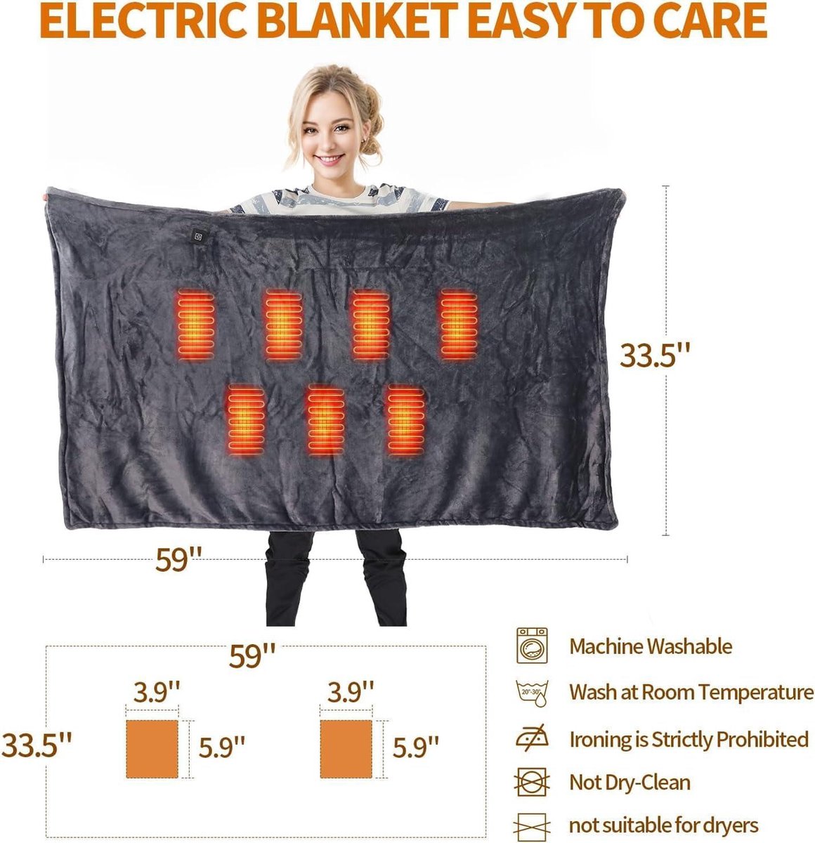 Electric blanket with USB connection - Cordless heated blanket with 3 temperature levels - Machine washable