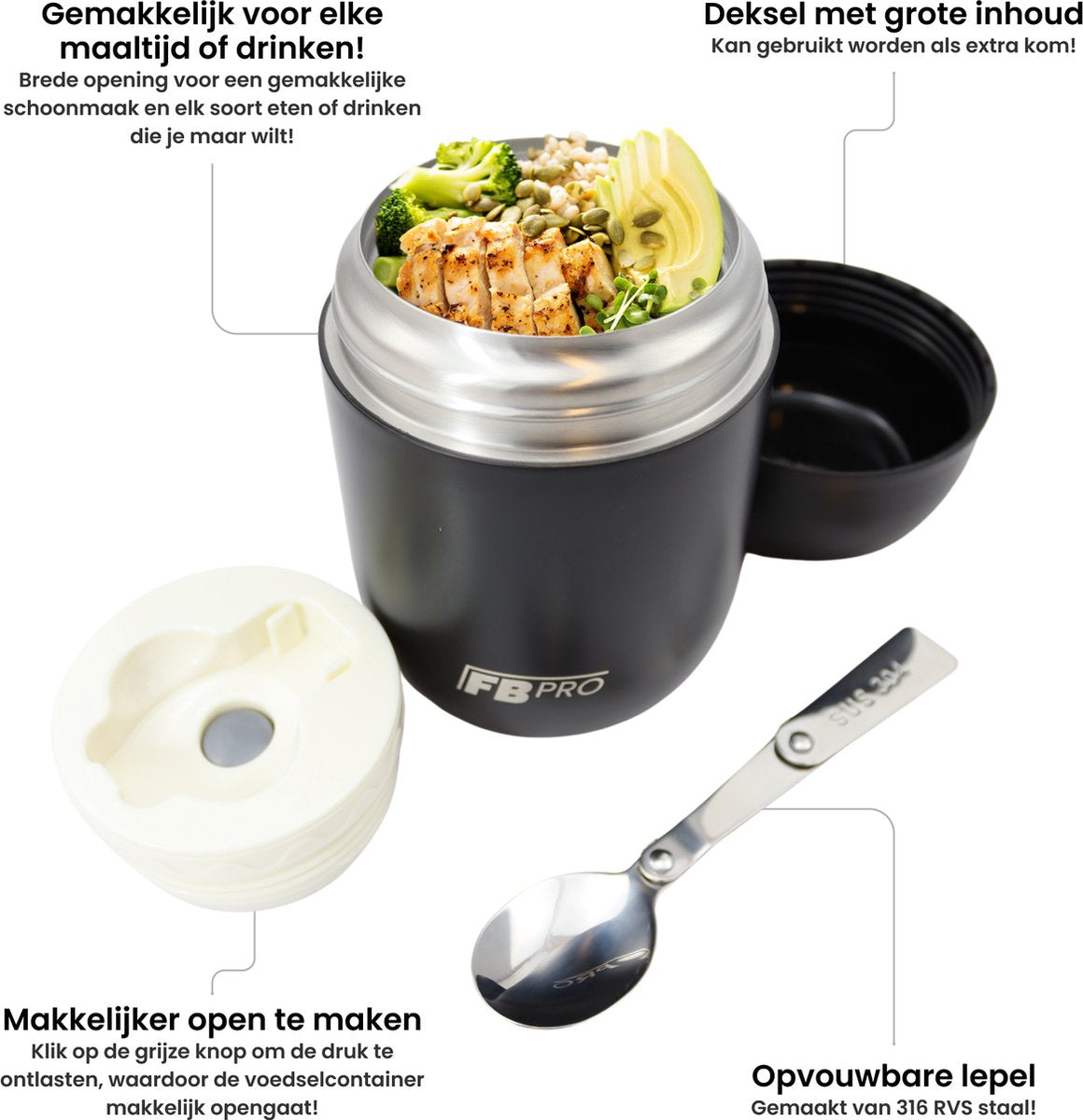 Thermos voedselcontainer met lepel - Thermoskan - Thermosbeker voor het meenemen van eten - Voedselcontainer voor soep, noodles, babyvoeding, havermout, ijs en meer! - Yoghurtbeker to go - Blauw en Zwart - 420ml