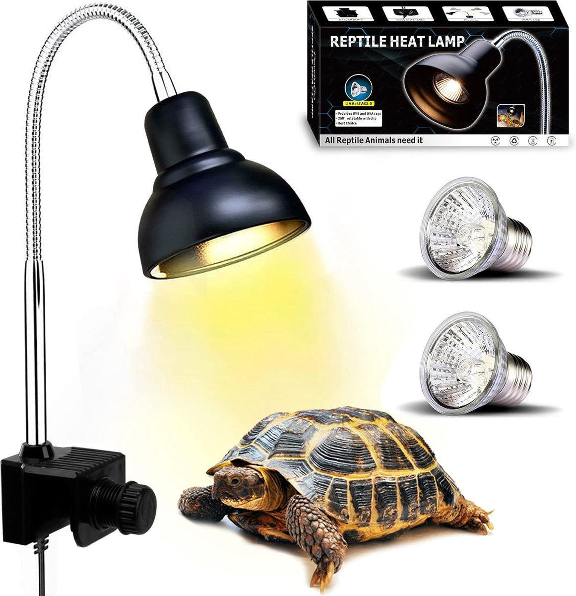 Terrarium Warmtelamp - Clip-on Systeem - Inclusief 2 UVA UVB 25W Zonnespot Gloeilampen - 360° Draaibare Klem - Geschikt voor Aquarium en Terrarium - Ideaal voor Schildpadden, Slangen, Hagedissen - Zwart