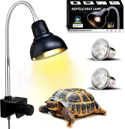 Terrarium Warmtelamp - Clip-on Systeem - Inclusief 2 UVA UVB 25W Zonnespot Gloeilampen - 360° Draaibare Klem - Geschikt voor Aquarium en Terrarium - Ideaal voor Schildpadden, Slangen, Hagedissen - Zwart