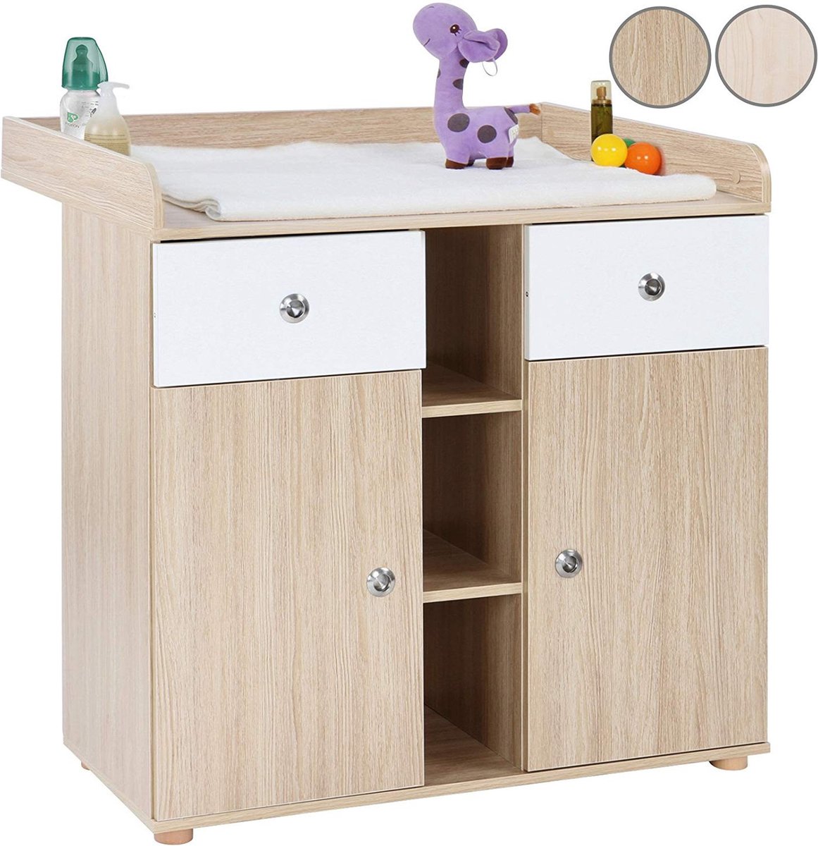 Infantastic - Commode met 2 grote laden en 5 vakken - Ladekast met Opbergruimte - Veelzijdig Omkleedmeubel met Organizer - 90x69x92 cm (LxBxH) - Beukenfineer