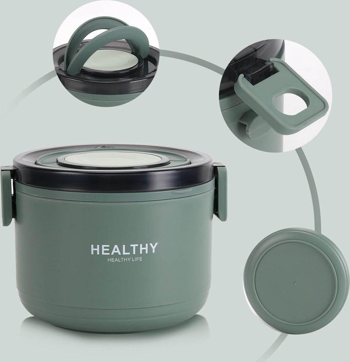 Thermo-etenscontainer, 1000 ml roestvrij staal, warmhoudcontainer voor eten en kinderen, thermische lunchbox met gespsluiting voor soep, muesli, stoofpot (groen)
