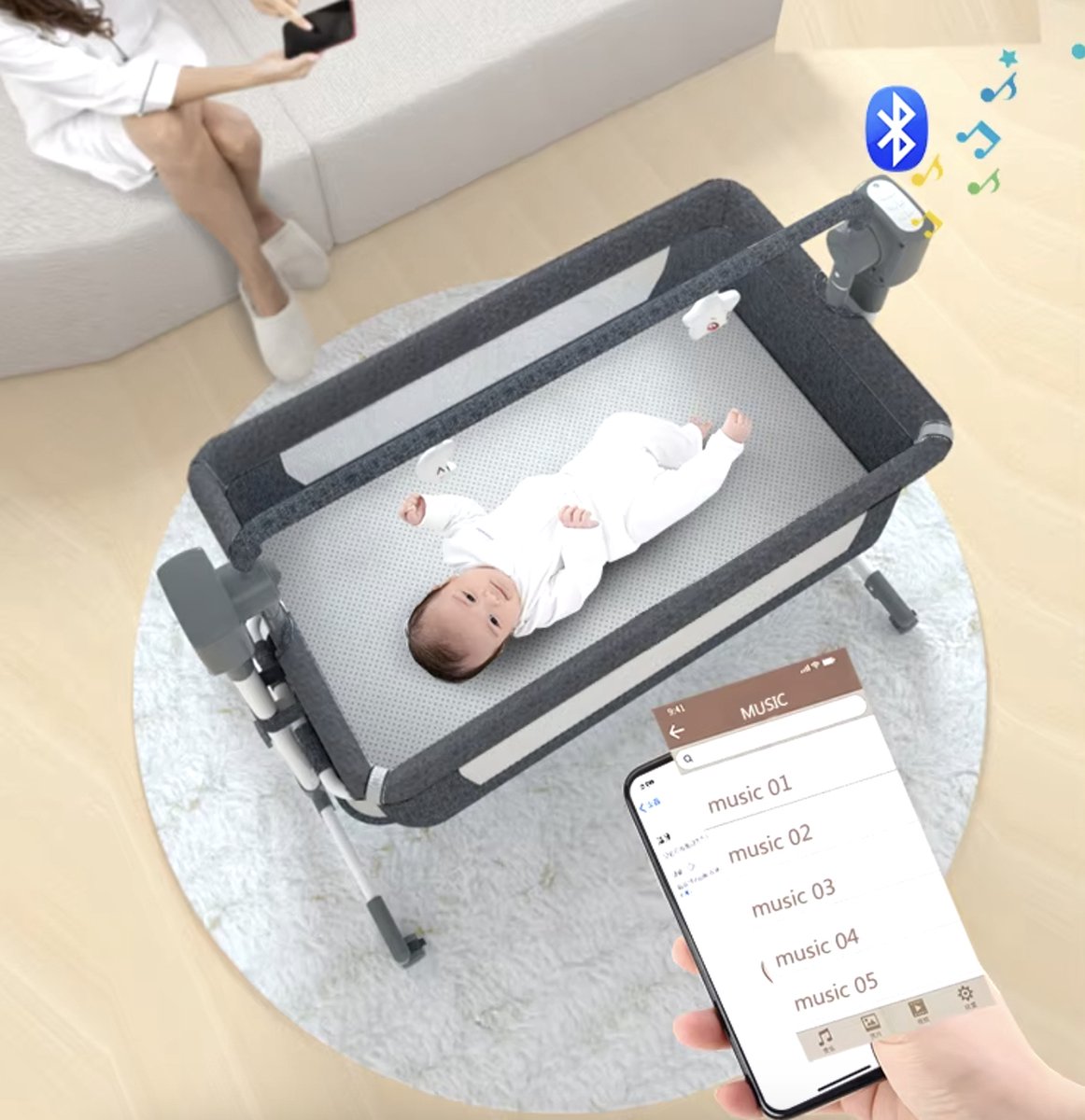 J&R Baby Crib - Electric baby crib - Bassinet - Baby bed - Cot - Bluetooth - Portable - Mobile - Mosquito net - Grey
