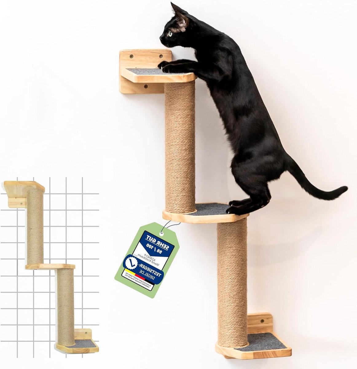 Climbing wall for cats - solid wood and jute - scratching post wall - scratching board - cat stairs - cat wall - wall scratching post - cat furniture - 3 assembly options - gray