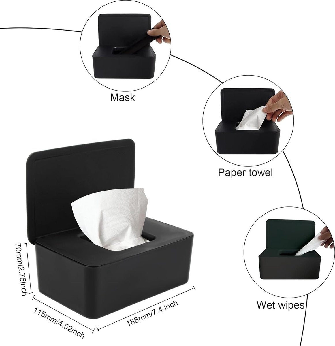 Babydoekjesdoos zwart, zakjes voor vochtige doekjes, plastic servetdoosje, tissue opbergdoosje, doos voor nat toiletpapier met deksel, plastic natte doekjesdispenser voor thuiskantoor