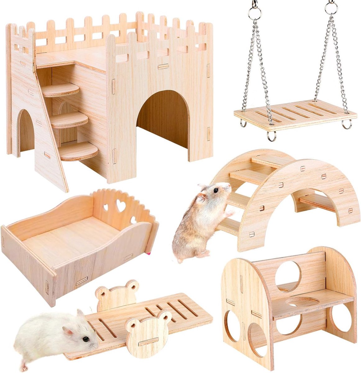 Wooden Hamster Toys, 6 Pcs DIY Hamster Chew Toys, Hamster Hideout House Bridge Seesaw Swing Exercise Toys, Hamster Cage Accessories for Gerbils