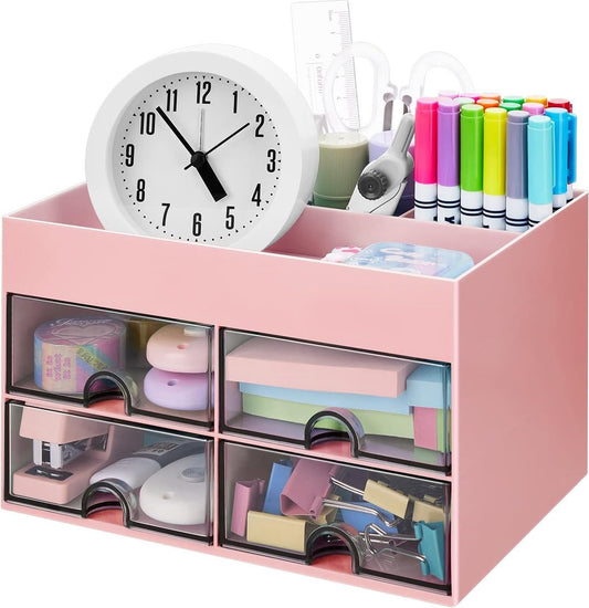 21 cm Bureau-organizer Penhouder voor op het bureau met lade Multifunctionele bureau-organizer Netjes opbergen van kantoorartikelen voor school, thuis en kantoor Roze