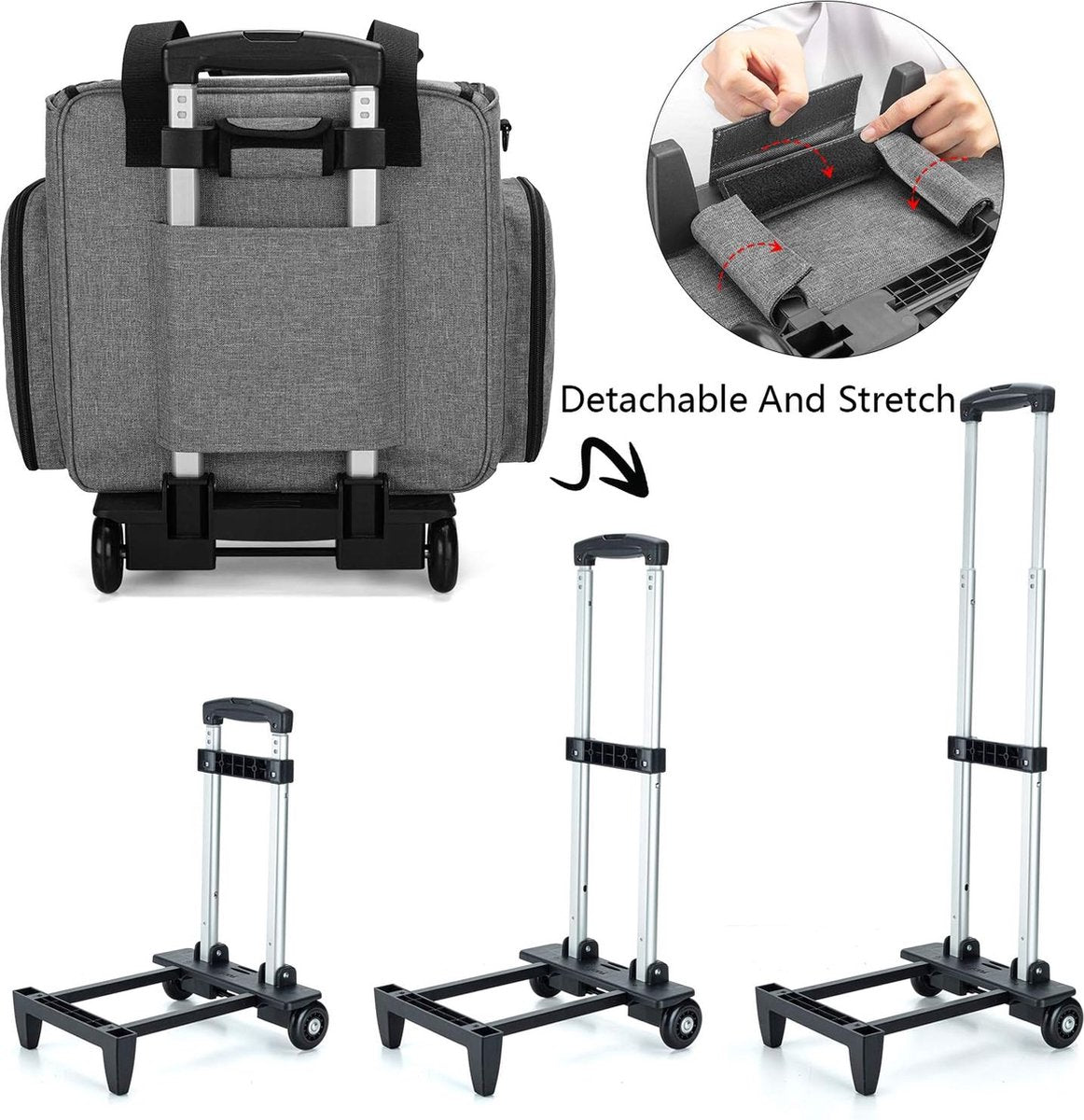Overlocker afneembare trolley, Coverlock naaimachinetrolley met afneembare onderlegger, overlock-naaimachinetas (slechts één lege tas inbegrepen), grijs