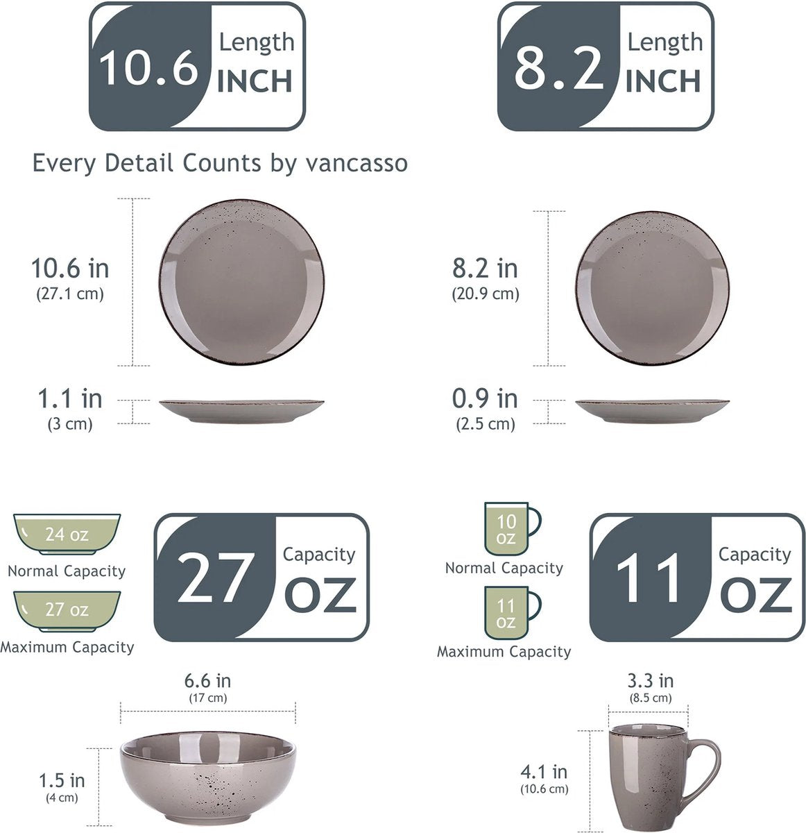 Serviesset - Serviessets - Serviesset 8-persoons - Grijs Effen - Porselein - 32-Delig Servies - Dinerbord - Dessertbord - Kom - Mok