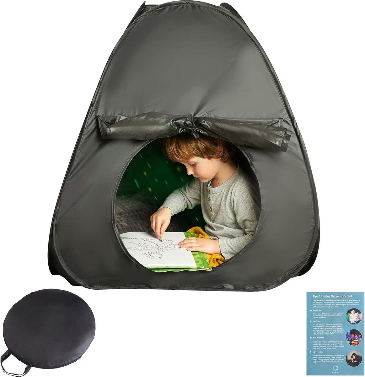 Ultiluxe® Sensory Tent for Young Children - Autism, ADHD, SPD, Anxiety, ADD - Lack of concentration, for calm and relaxation - Black - For home, school - Aid - Children's tent - Tent with storage bag - Quiet space for child