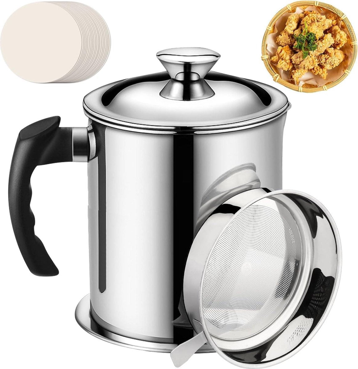 21L 304 roestvrijstalen oliefilter vetscheider friteuse - fijne zeef - olieverzamelaar - 50 absorberende papieren - frituurolie opslag