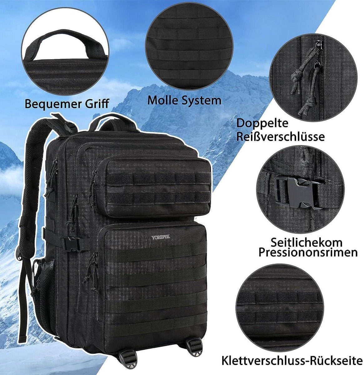 Tactische Militaire Rugzak 45L Grote Capaciteit Molle Waterdichte Survivalrugzak Outdoor Sport Heren Dames Wandelen Reizen Vissen Kamperen Klimmen Zwart Rugzak
