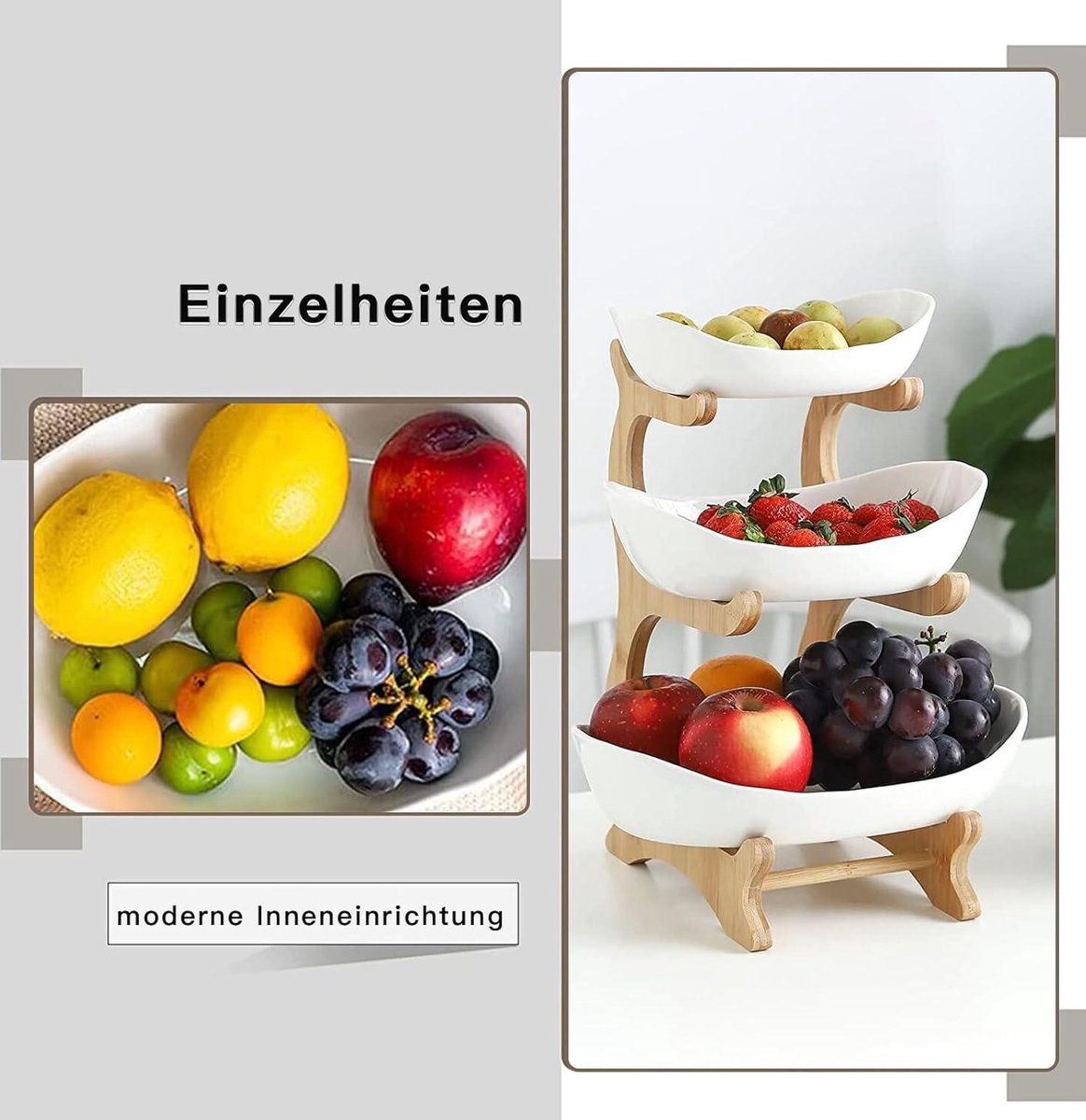 3-laags keramische fruitschaal met bamboe standaard - porseleinen fruitmand voor het bewaren van groenten - snack dessert taart dienblad bordenrek voor feest bruiloft