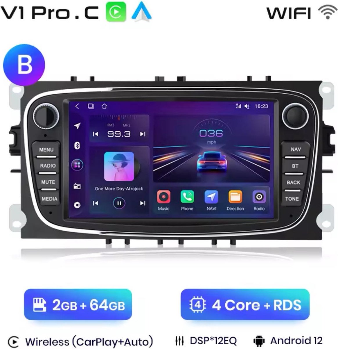 Android-autoradio voor Ford Focus/S-Max/Mondeo/Galaxy/C-Max/Kuga met 7 inch scherm/zwart
