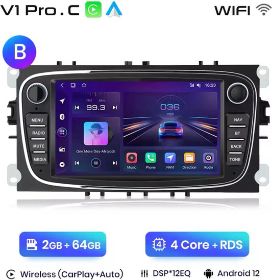 Android-autoradio voor Ford Focus/S-Max/Mondeo/Galaxy/C-Max/Kuga met 7 inch scherm/zwart