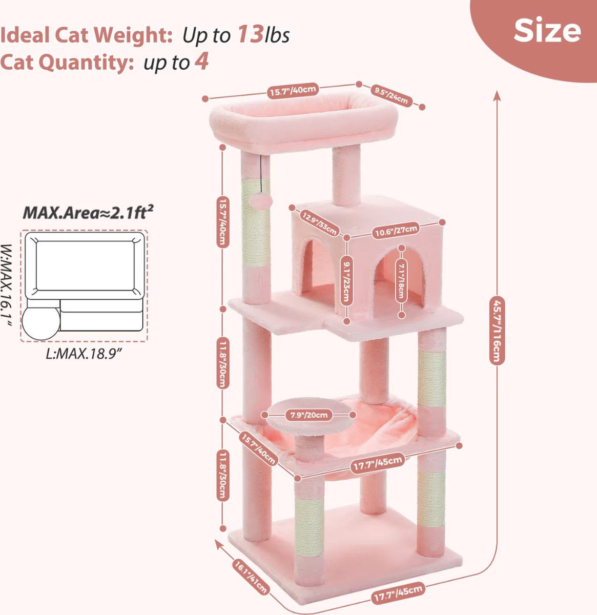 Luxe Kattenboom - Krabpaal voor Katten - Kattenhuis - Kattenmeubel - Kattentoren - Roze - 41x45x116cm